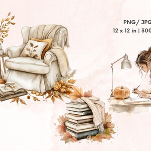 May include: A watercolour illustration of a cosy autumn scene with a white armchair, a stack of books, a lamp, and a woman writing at a desk. The scene is decorated with autumn leaves and pumpkins.