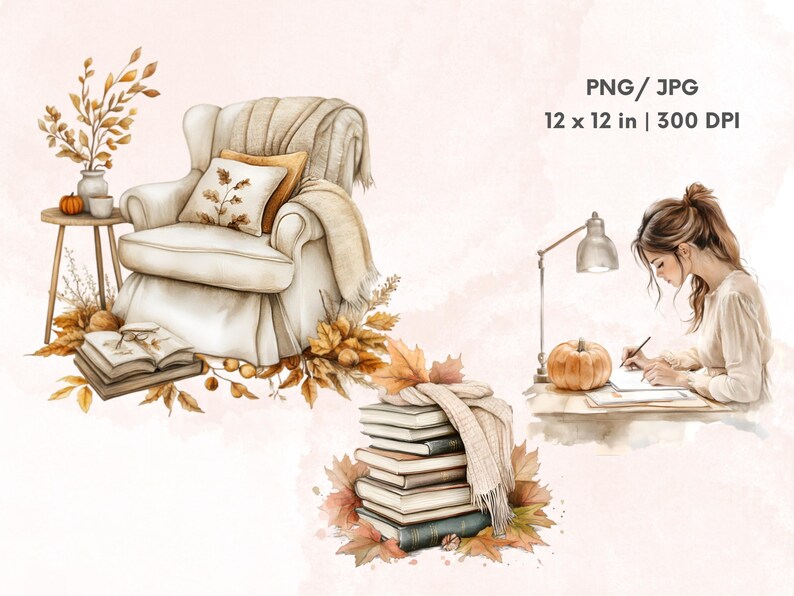 May include: A watercolour illustration of a cosy autumn scene with a white armchair, a stack of books, a lamp, and a woman writing at a desk. The scene is decorated with autumn leaves and pumpkins.