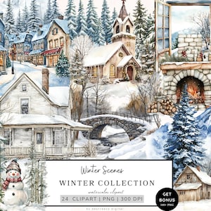 Clipart paysage d'hiver, clipart hiver, scènes d'hiver enneigées Png, clipart forêt d'hiver confortable, graphiques hiver, téléchargement numérique Cottagecore