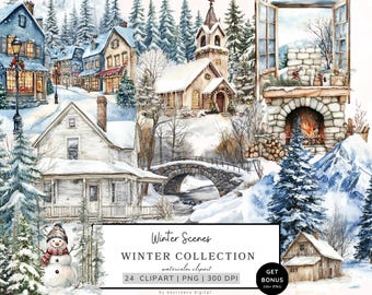 Winter Landscape Clipart, Winter Clipart, Snowy Winter Scenes Png, Cozy Winter Forest Clipart, Winter Graphics, Cottagecore Digital Download