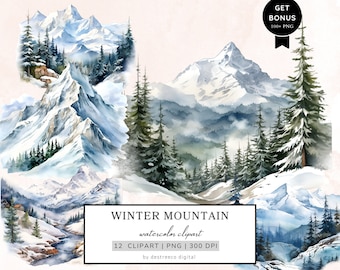 Paquete de imágenes prediseñadas de montaña de invierno de acuarela, imágenes prediseñadas de montañas, imágenes prediseñadas de bosque, png de invierno, paisajes de montaña, medios mixtos, descarga digital