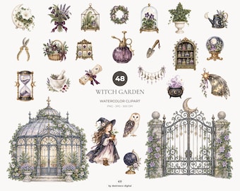 Pacchetto di clipart di streghe ad acquerello, giardino celeste PNG, grafica di Halloween - 631
