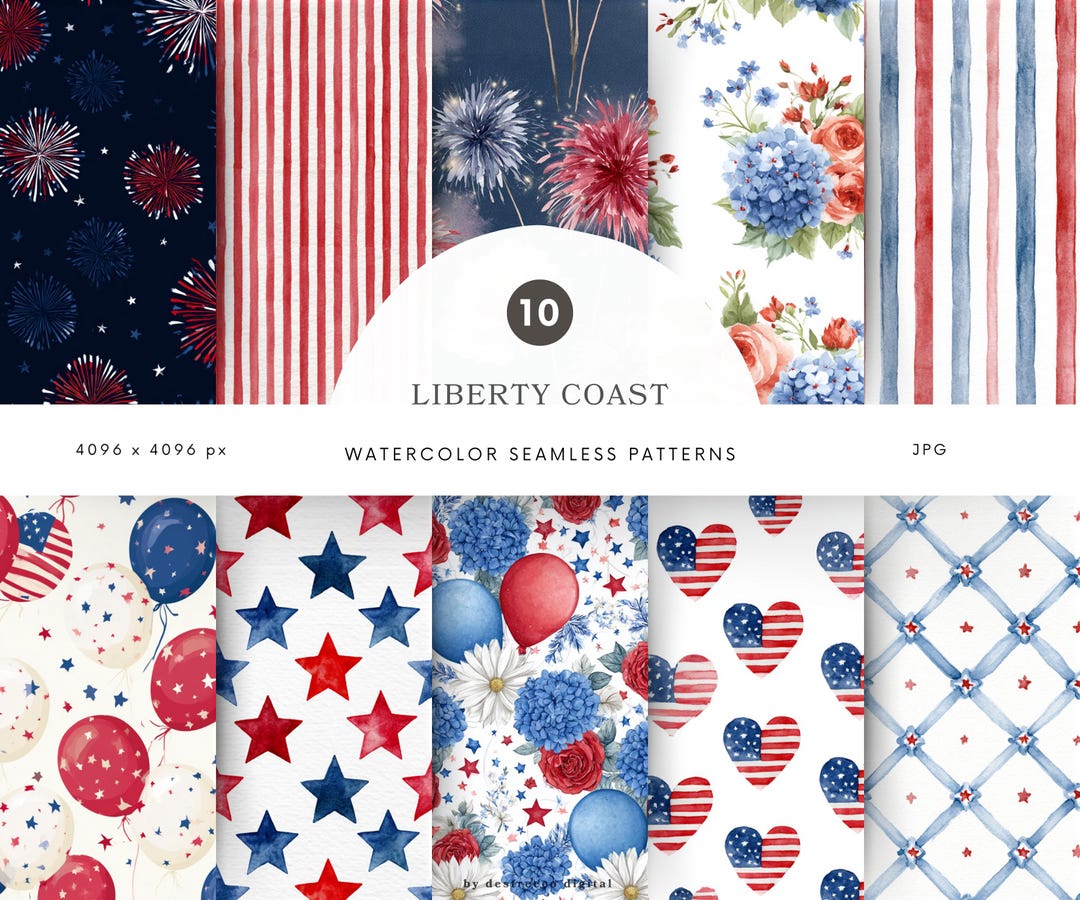 Watercolor Patriotic Seamless Patterns Bundle, Americana Digital Paper ...