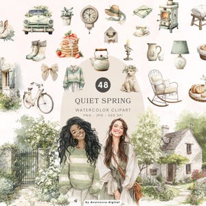 Könnte beinhalten: Aquarell-Cliparts mit Frühlingsmotiven. Das Bild zeigt einen Oldtimer, eine Uhr, einen Hund, ein Fahrrad und zwei Frauen. Der Text "Quiet Spring" wird mit der Nummer "48" angezeigt.