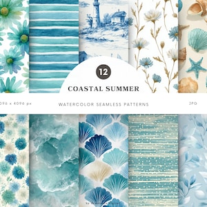 Op de afbeelding: Een verzameling van 12 aquarel naadloze patronen met een kustzomerthema. De patronen bevatten verschillende ontwerpen, waaronder bloemen, strepen, een vuurtoren, schelpen en abstracte texturen, allemaal in tinten blauw, turquoise en beige. De tekst "Coastal Summer" is zichtbaar.