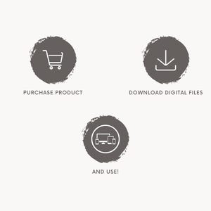 K&ouml;nnte beinhalten: Drei kreisf&ouml;rmige Grafiken auf hellem Hintergrund. Die obere linke Grafik zeigt einen Einkaufswagen und den Text "PURCHASE PRODUCT". Die obere rechte Grafik zeigt einen Pfeil nach unten und den Text "DOWNLOAD DIGITAL FILES". Die untere Grafik zeigt einen Computer, ein Tablet und ein Telefon und den Text "AND USE!"