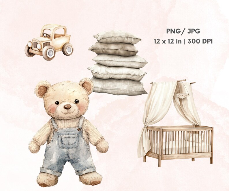 Watercolor Rustic Playroom Clipart, Nursery Doll Clipart, Cottagecore ...