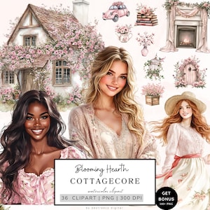 Cottagecore Clipart, Blühender Herd, Frühling Clipart, Cottage Grafiken, Wildblumen Clipart, Rosa ästhetische Pngs, Liebe Planer Grafiken