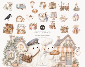 Pacchetto di clipart di fantasmi ad acquerello, Halloween PNG, accogliente villaggio autunnale - 632