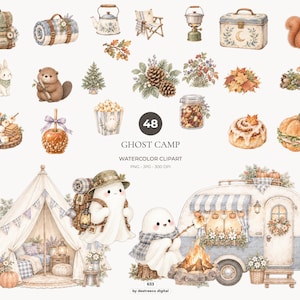 Pode incluir: Uma coleção de ilustrações em aquarela com equipamento de campismo, animais da floresta, folhagem de outono e fantasmas. Os elementos incluem uma tenda, uma caravana, uma mochila, um esquilo, um castor, um coelho e abóboras.