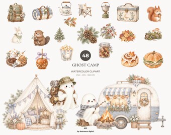 Pacchetto di clipart di fantasmi ad acquerello in campeggio, Halloween PNG, grafica foresta autunnale, download digitale - 633