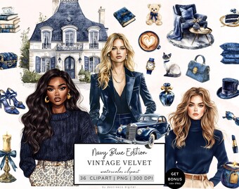 May include: A digital illustration set of 36 watercolor clipart images in navy blue, featuring vintage velvet, fashion, and Parisian architecture. The set includes a vintage car, women in stylish outfits, a house, a cat, a teddy bear, and other decorative elements.