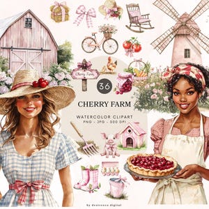 Bundle de cliparts ferme cerisier aquarelle, animaux de la ferme rose Png, clipart ferme fille, esthétique pays cerise, graphiques de la ferme, téléchargement numérique