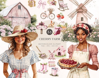 May include: Watercolor clipart set with a cherry farm theme. Includes illustrations of a barn, windmill, bicycle, pie, and women. The text reads "Cherry Farm" and "Watercolor Clipart". The color palette is soft pinks, greens, and browns.