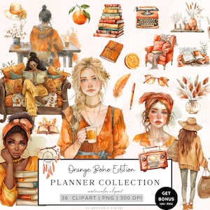 Aquarel planner meisje clipart, oranje boho planning clipart, planner minnaar clipart, Journal esthetische png, baas meisje, gezellige planner clipart