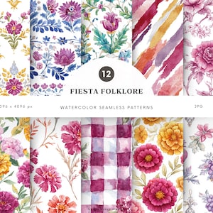 May include: A collection of 12 watercolor seamless patterns with floral and abstract designs. The patterns feature various flowers in shades of pink, purple, yellow, and blue, with some designs incorporating geometric elements. The text "FIESTA FOLKLORE" is visible.