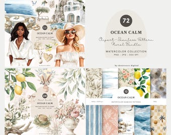 Watercolor Ocean Calm Clipart Collection, Neutral Summer Aesthetics, Summer Beach Png, Coastal Fashion Graphics, Coastal Vacation Clipart