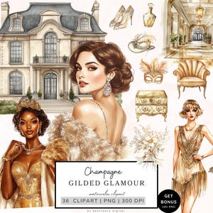 Bundle de cliparts glamour doré, graphiques de luxe Champagne, clipart mode, agenda fille Pngs, Journal esthétique, autocollants en téléchargement numérique