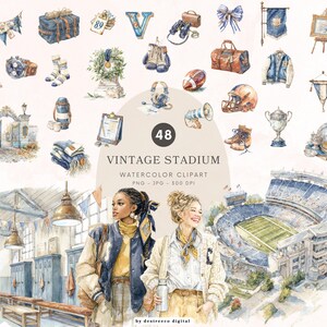 May include: Watercolor clipart set titled "Vintage Stadium" featuring various sports-themed illustrations. Includes a stadium, two women, and individual items like a football, trophy, and letterman jacket. The color palette is primarily blue, brown, and cream.