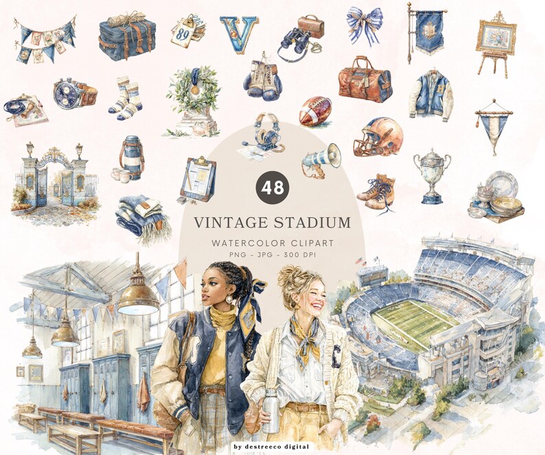 May include: Watercolor clipart set titled "Vintage Stadium" featuring various sports-themed illustrations. Includes a stadium, two women, and individual items like a football, trophy, and letterman jacket. The color palette is primarily blue, brown, and cream.