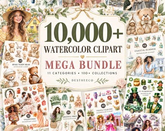 Mega pacchetto di clipart ad acquerello, oltre 10.000 immagini PNG, utilizzo commerciale, download digitale.