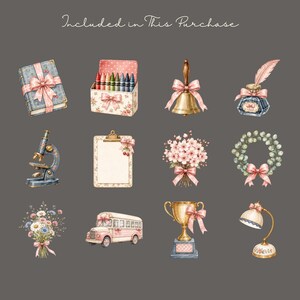 May include: A collection of twelve watercolor illustrations including a gift-wrapped book, a box of crayons, a brass bell, an inkwell with a quill, a microscope, a clipboard, floral bouquets, a wreath, a school bus, a trophy, and a desk lamp.