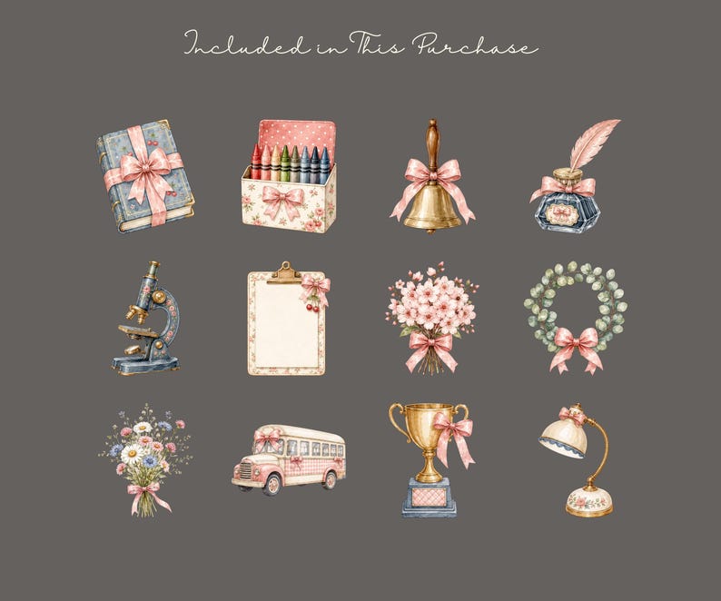 May include: A collection of twelve watercolor illustrations including a gift-wrapped book, a box of crayons, a brass bell, an inkwell with a quill, a microscope, a clipboard, floral bouquets, a wreath, a school bus, a trophy, and a desk lamp.