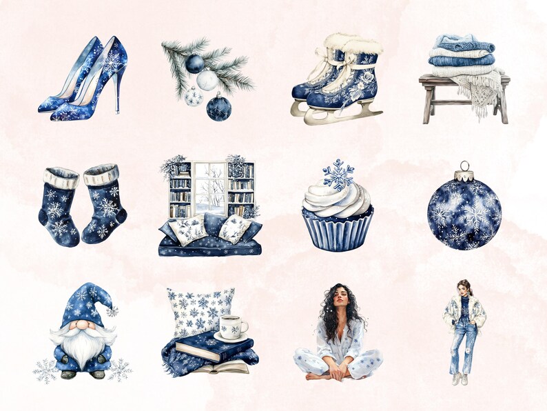 May include: Watercolor illustrations of winter-themed items. Includes blue high heels, a sprig of pine with ornaments, ice skates, a stack of sweaters, socks, a window scene, a cupcake, a Christmas ornament, a gnome, a pillow, a book, a mug, and a person in pajamas.