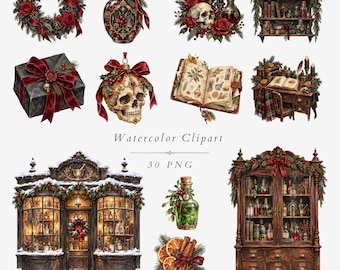 Gothic Christmas Apothecary Watercolor Clipart, Dark Academia PNG Bundle - 667