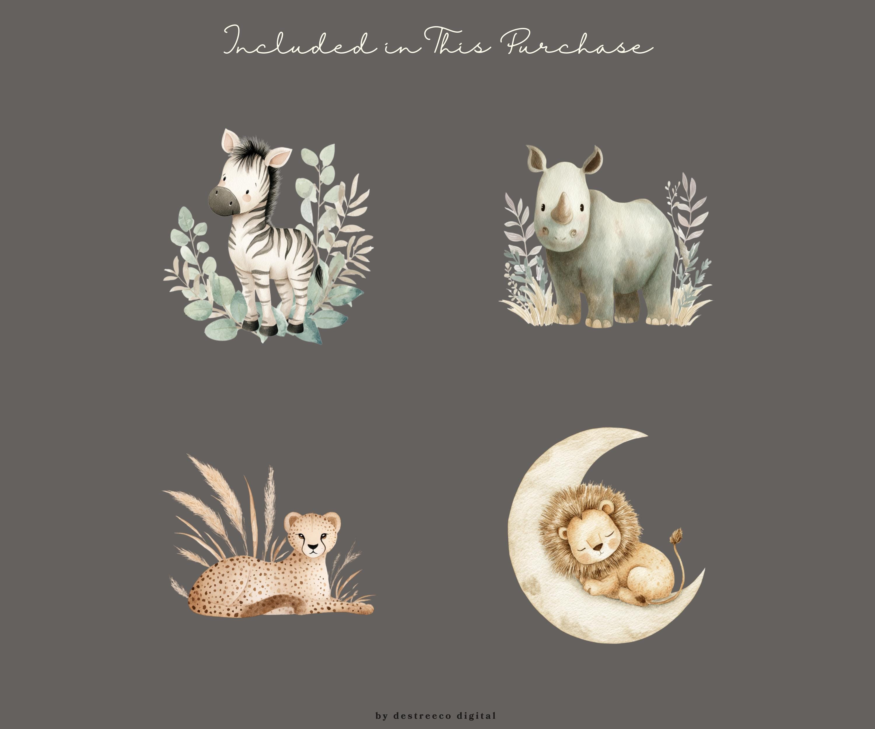 Boho Safari Animals Clipart, Cute Watercolor Jungle Animals, Lion ...