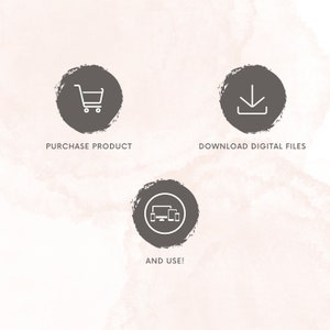 May include: Three gray circles with white icons and text. The first circle has a shopping cart icon and the text "PURCHASE PRODUCT". The second circle has a download arrow icon and the text "DOWNLOAD DIGITAL FILES". The third circle has a computer monitor and two mobile phones icon and the text "AND USE!"