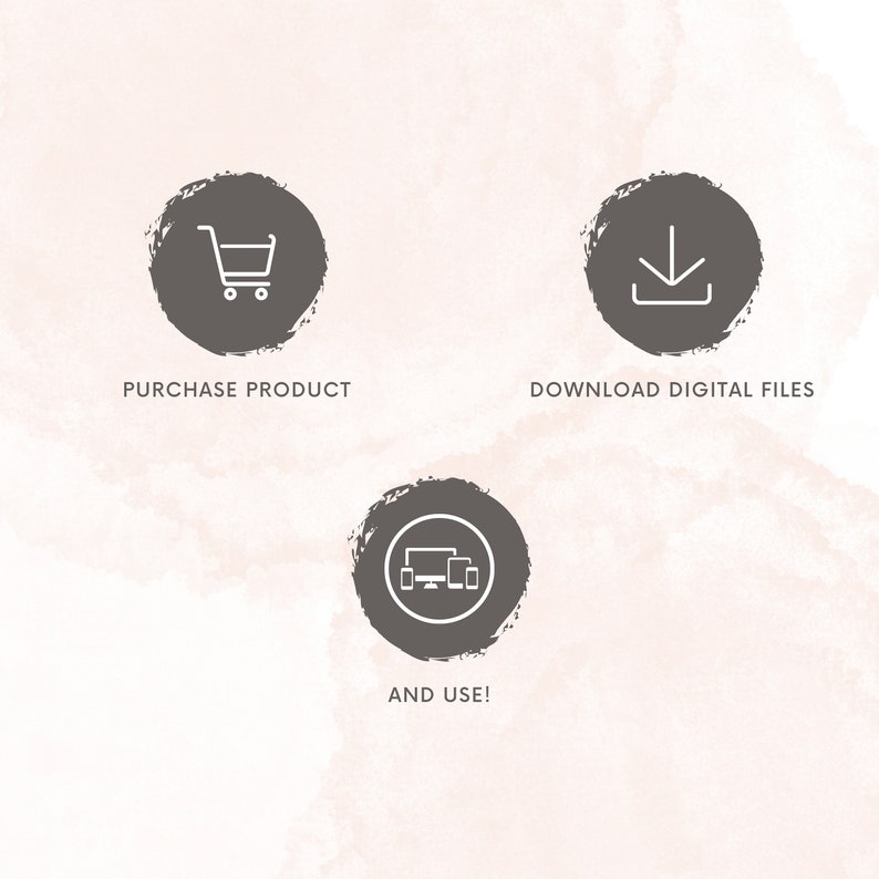 May include: Three gray circles with white icons and text. The first circle has a shopping cart icon and the text "PURCHASE PRODUCT". The second circle has a download arrow icon and the text "DOWNLOAD DIGITAL FILES". The third circle has a computer monitor and two mobile phones icon and the text "AND USE!"