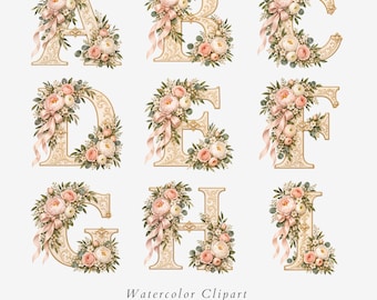 Botanical Bride Alphabet Clipart, Floral Wedding Monogram, 26 Letter PNG Set - 660