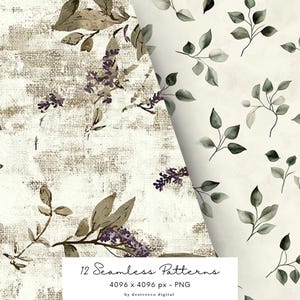 May include: Two seamless patterns featuring watercolor floral designs. The first pattern has a light brown background with a subtle texture and features purple flowers and brown leaves. The second pattern has a white background with green leaves. Both patterns are 4096 x 4096 pixels and are in PNG format.