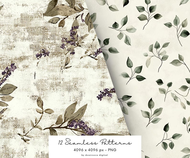 May include: Two seamless patterns featuring watercolor floral designs. The first pattern has a light brown background with a subtle texture and features purple flowers and brown leaves. The second pattern has a white background with green leaves. Both patterns are 4096 x 4096 pixels and are in PNG format.