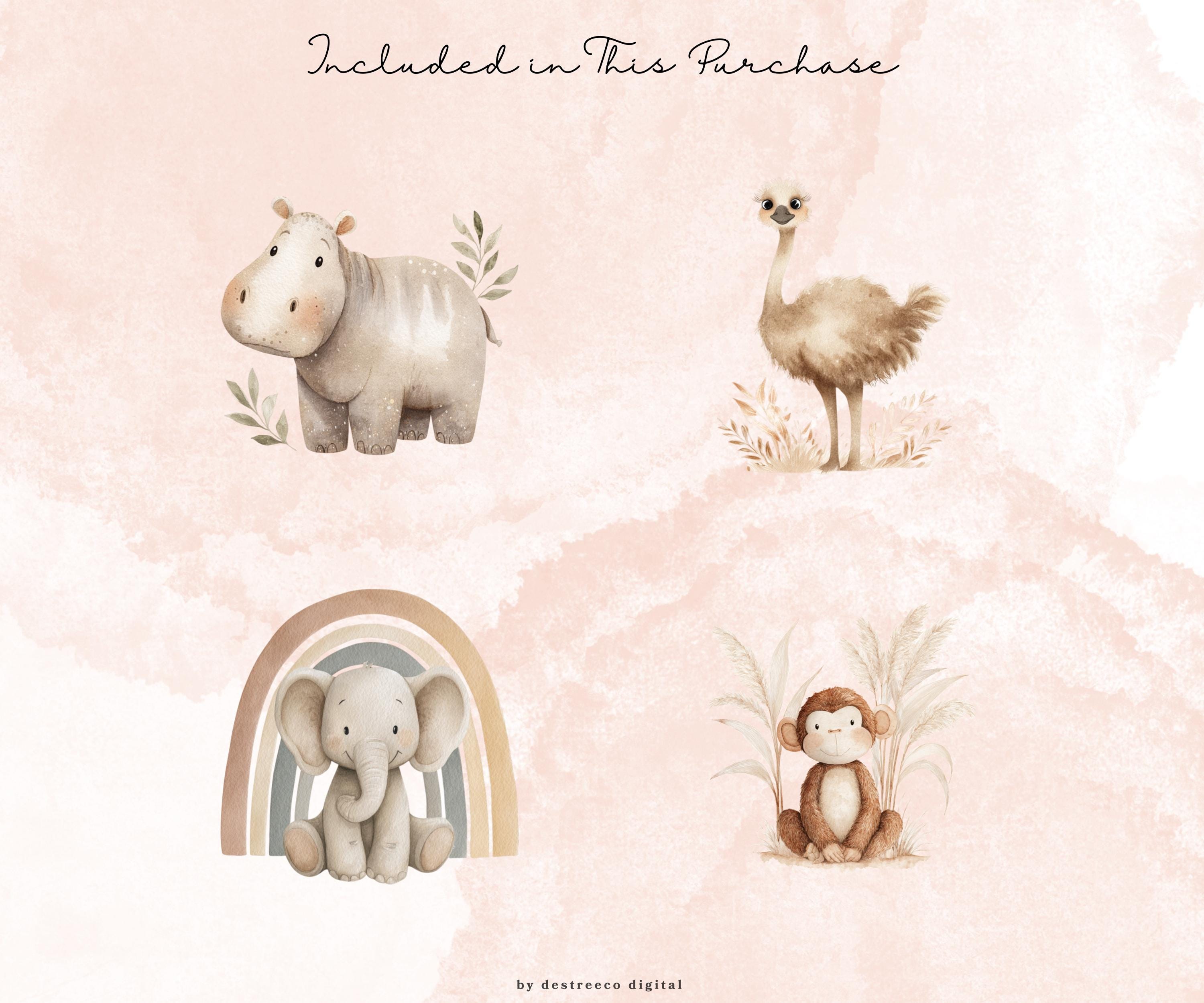 Boho Safari Animals Clipart, Cute Watercolor Jungle Animals, Lion ...