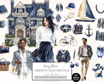 May include: A set of 36 watercolor clipart images in navy blue, white, and gold colors. The images include a house, a sailboat, a bicycle, a woman in a white sweater and a navy blue skirt, a man in a plaid jacket, a woman in a plaid jacket, a book, a bag, a compass, an anchor, a tennis racket, a pair of glasses, a hat, a watch, a necklace, a purse, a basket, a sweater, a shirt, and a book. The images are perfect for creating invitations, cards, and other paper crafts.