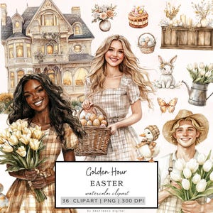 Aquarel Pasen clipart, gouden uur Pasen-graphics, gezellige lente clipart, paaseieren, Cottagecore clipart, vrolijk Pasen png-download