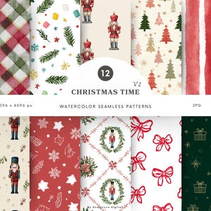 May include: A collection of 12 watercolor seamless patterns with a Christmas theme. The patterns include plaid, nutcrackers, Christmas trees, bows, and snowflakes. The image also includes the text "CHRISTMAS TIME".