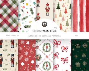 水彩画のクリスマス シームレス パターン、くるみ割り人形のパターン、クリスマスのパターン、繰り返しパターン、スクラップブック用紙、デジタルペーパー、v2