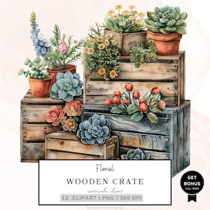 Flowers Wooden Crate Clipart, Flowers Clipart, Garden Plants Clipart, Spring Floral Png, Garden Clipart, Watercolor Clipart, Mixed Media