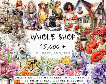Mega paquete de imágenes prediseñadas de tienda completa, paquete de tienda completa, imágenes prediseñadas de acuarela PNG, ilustraciones de imágenes prediseñadas, uso comercial, descarga instantánea