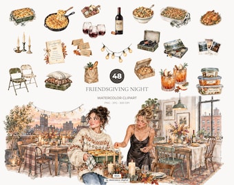 Pacchetto di clipart ad acquerello per un accogliente pranzo tra amici, immagini PNG per la cena del Ringraziamento, immagini PNG per un pranzo autunnale in cui ognuno porta qualcosa da mangiare - 644