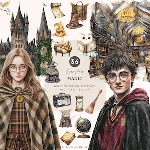Clipart di magia quotidiana ad acquerello, Clipart di scuola di magia, Pacchetto di PNG di maghi, Grafica del mondo magico, Clipart di Fantasy Academy, Uso commerciale