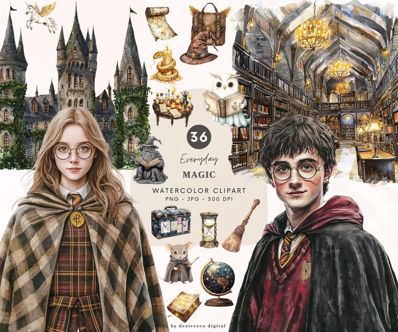 Imágenes prediseñadas de magia cotidiana en acuarela, imágenes prediseñadas de la escuela de magia, paquete de imágenes prediseñadas de mago, gráficos del mundo mágico, imágenes prediseñadas de la academia de fantasía, uso comercial imagen 1