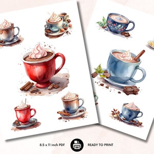 Pu&ograve; includere: Carta digitale stampabile con illustrazioni ad acquerello di tazze di cioccolata calda con panna montata e pezzi di cioccolato. Le tazze sono di vari colori, tra cui rosso, blu e giallo.