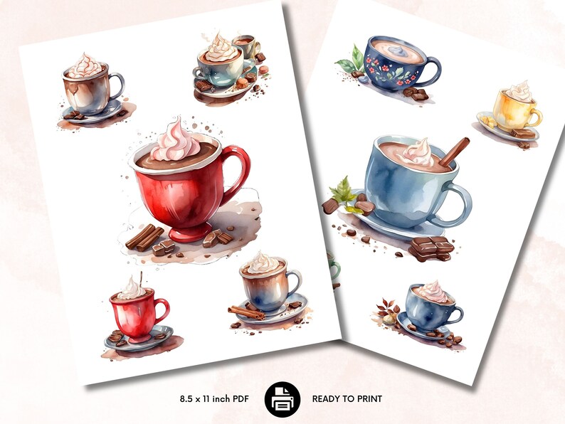 Pu&ograve; includere: Carta digitale stampabile con illustrazioni ad acquerello di tazze di cioccolata calda con panna montata e pezzi di cioccolato. Le tazze sono di vari colori, tra cui rosso, blu e giallo.