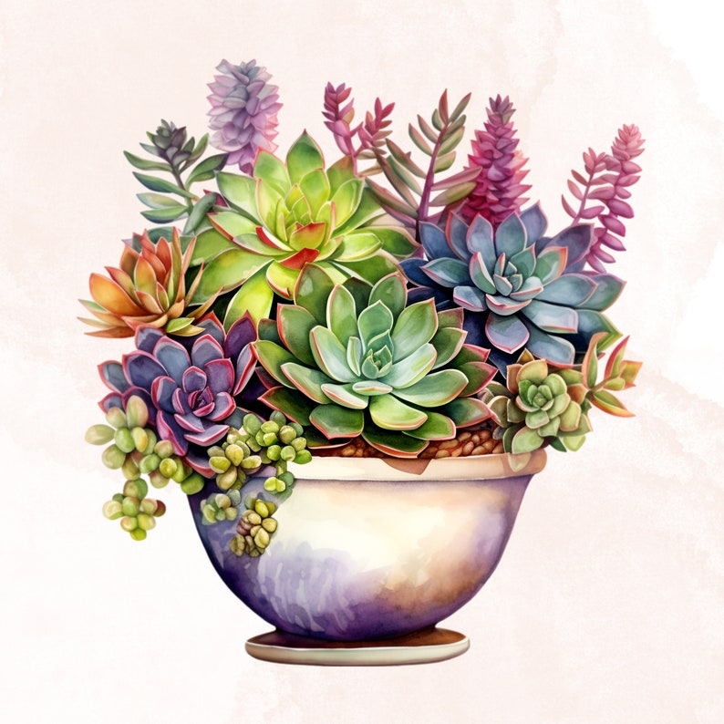 May include: A colorful succulent arrangement in a purple and white ceramic pot. The succulents are in shades of green, blue, pink, and red.