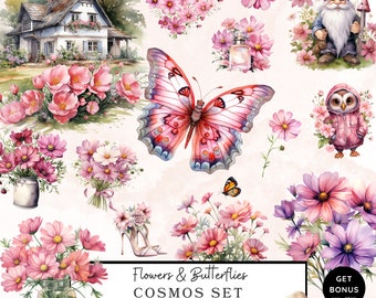 Cosmos Flowers and Butterflies Clipart, Wildflower Clipart, Flowers Png, Cottagecore Clipart, Floral Png, Watercolor Clipart Set Download