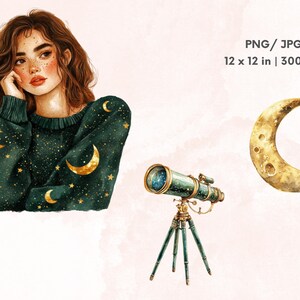 May include: A watercolor illustration of a woman with brown hair wearing a green sweater with gold stars and moons. The woman is looking to the side. There is a telescope and a gold crescent moon in the background. PNG/JPG 12 x 12 in | 300 DPI